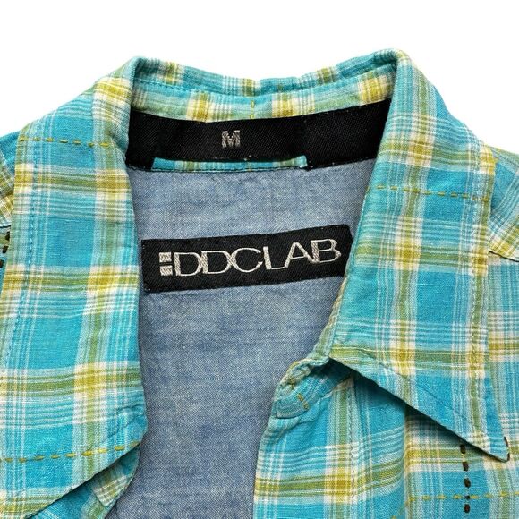 DDC Lab Button Down Shirt Mens Medium Internal Pocket Plaid Blue Mustard White - Picture 3 of 13